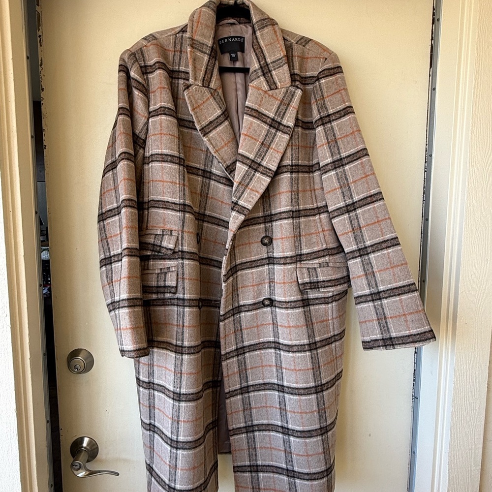Bernardo Plaid Double-Breasted Trench Coat in Tan, Gray and Orange Accents